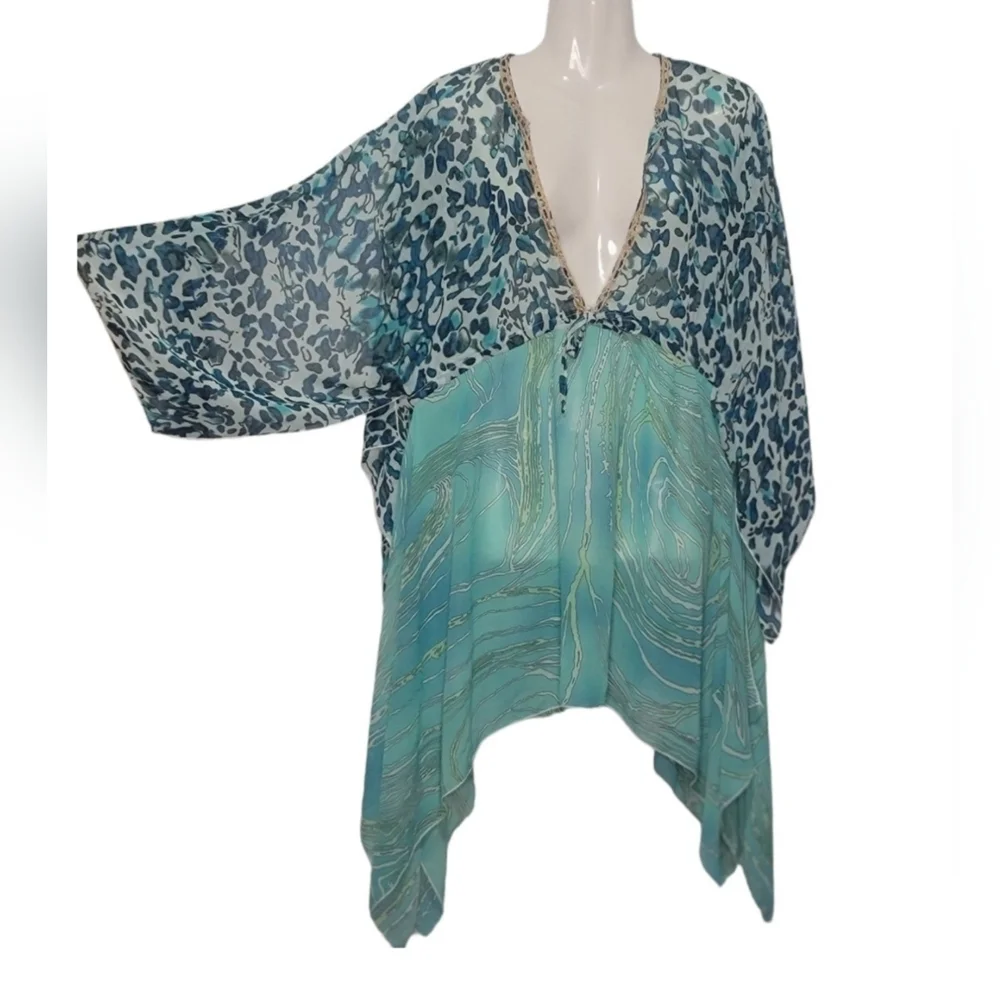 Flowy Blue and Green Kaftan - Picture 1 of 8